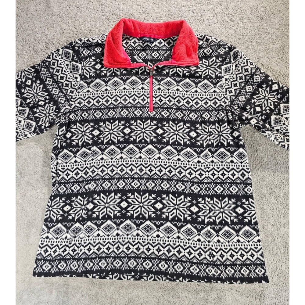 Lands' End Black and White Fair Isle Half-Zip Sweater with Red Collar